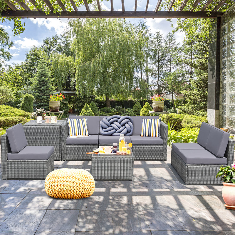 Wade Logan® Latitude Run® Set Of 8 Grey Rattan Wicker Sofa & Table Outdoor Cushioned Sectional